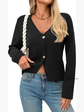 V-Neck Cropped Cardigan Sweater Long Sleeve Button Down Front Slit
